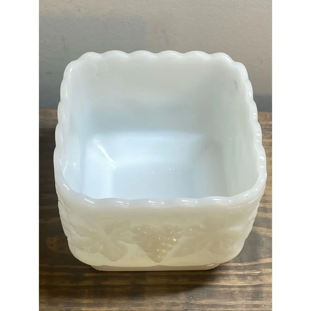 VTG Anchor Hocking Harvest Grape Square Scalloped Milk Glass Pedestal Planter